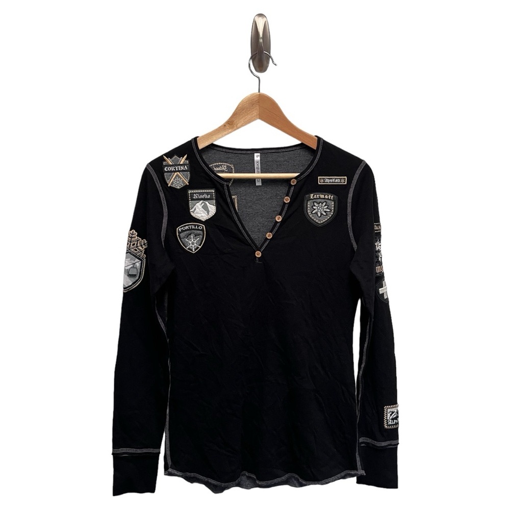 Alp N Rock RARE Ski The World Henley Top Patches Black Size M NEW